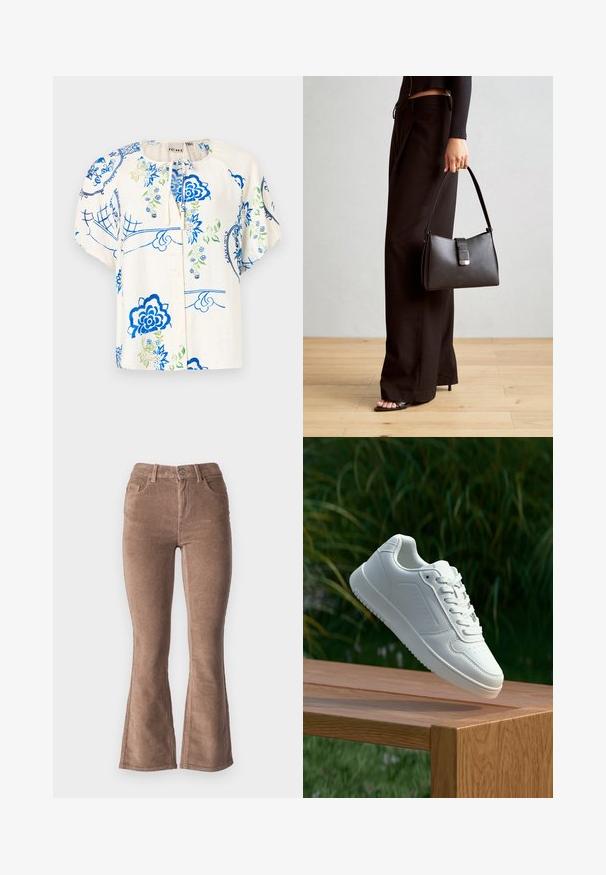 Blusa floreale con motivi blu e verdi su un tessuto crema. Maniche corte a sbuffo, scollatura rotonda e chiusura frontale con bottoni.; Pantaloni a zampa d'elefante in corduroy marrone con una texture a coste, dotati di vita alta, cinque tasche e chiusura con bottone frontale.; Sneaker bianco con tomaia in sintetico liscio, punta perforata, lacci piatti e suola testurizzata, esposto su una superficie di legno.; Borsa nera con forma strutturata, texture liscia e una chiusura metallica. Abbinata a pantaloni neri larghi e sandali open-toe su un pavimento in legno.