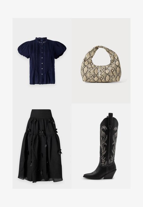 Blouse bleu marine à manches courtes avec un col à volants, présentant des plis verticaux et des boutons en argent sur le devant. Tissu léger.; Sister Jane BIRDIE BOW MIDI SKIRT - Jupe trapèze - black; Bottes de cowboy noires en cuir avec des pointes effilées, des talons compensés et des motifs floraux brodés en argent le long du tige. Couture contrastante sur l'ensemble.; Sac à main en motif serpent avec une poignée incurvée. Fabriqué à partir de matériaux texturés beiges et bruns, présentant un motif en diamant distinctif.