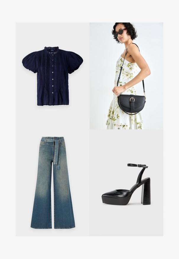 Blouse bleu marine à manches courtes avec un col à volants, présentant des plis verticaux et des boutons en argent sur le devant. Tissu léger.; Pantalons en denim à jambe large présentant un dégradé de bleu clair à bleu foncé, taille haute, passants de ceinture et une ceinture en tissu assortie. Finition en denim texturé.; Escarpins noirs à plateforme avec un bout pointu et une sangle réglable à la cheville. Conçus en cuir lisse, avec un large talon bloc.; Sac à main en cuir noir avec une forme courbée, bandoulière amovible et des accessoires en or. Le sac est doté d'un rabat avec un détail de boucle.