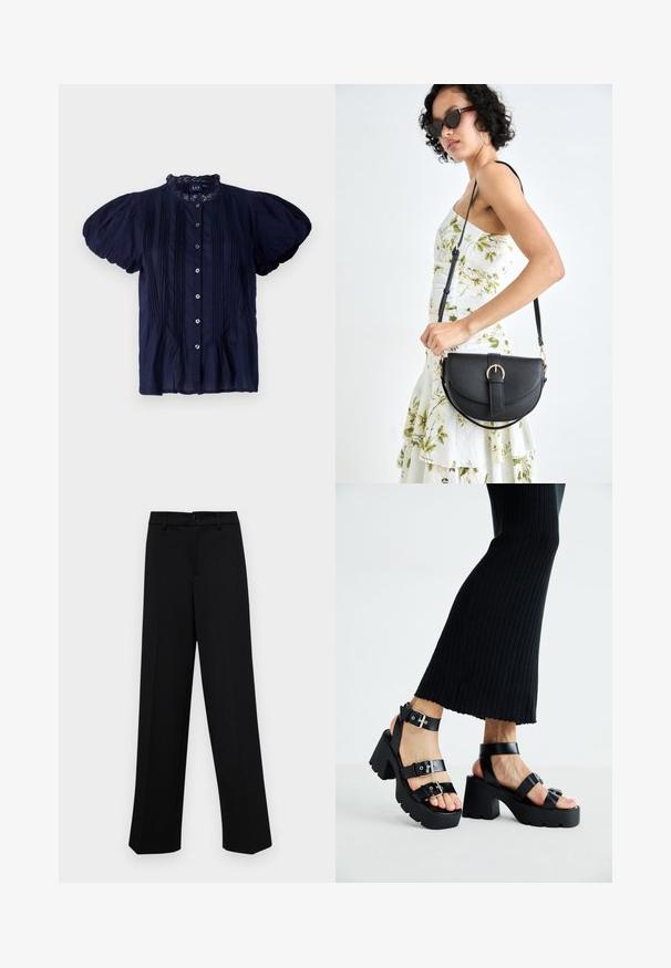 Navy blue short-sleeve blouse with a ruffled neckline, featuring vertical pleats and silver buttons down the front. Lightweight fabric.; Black wide-leg trousers made of smooth fabric, featuring a classic waistband with a button closure and front pleats.; Black platform sandals with chunky, lug soles and multiple straps, featuring metal buckles and a smooth leather-like texture.; Black leather handbag with a curved shape, detachable strap, and gold hardware. The bag features a flap with a buckle detail.