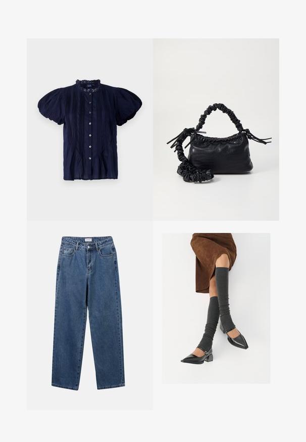 Blouse bleu marine à manches courtes avec un col à volants, présentant des plis verticaux et des boutons en argent sur le devant. Tissu léger.; Jean en denim bleu classique avec une coupe droite, cinq poches et une fermeture par bouton. Présente un lavage moyen et une texture robuste.; Chaussures à bout pointu en cuir verni noir avec un talon bloc et une bride à la cheville, accompagnées de jambières en maille grise et d'une jupe en daim marron.; Sac à main en simili cuir noir avec une texture crocodile, un dessus resserré et une sangle froncée. A l'apparence douce et compacte.