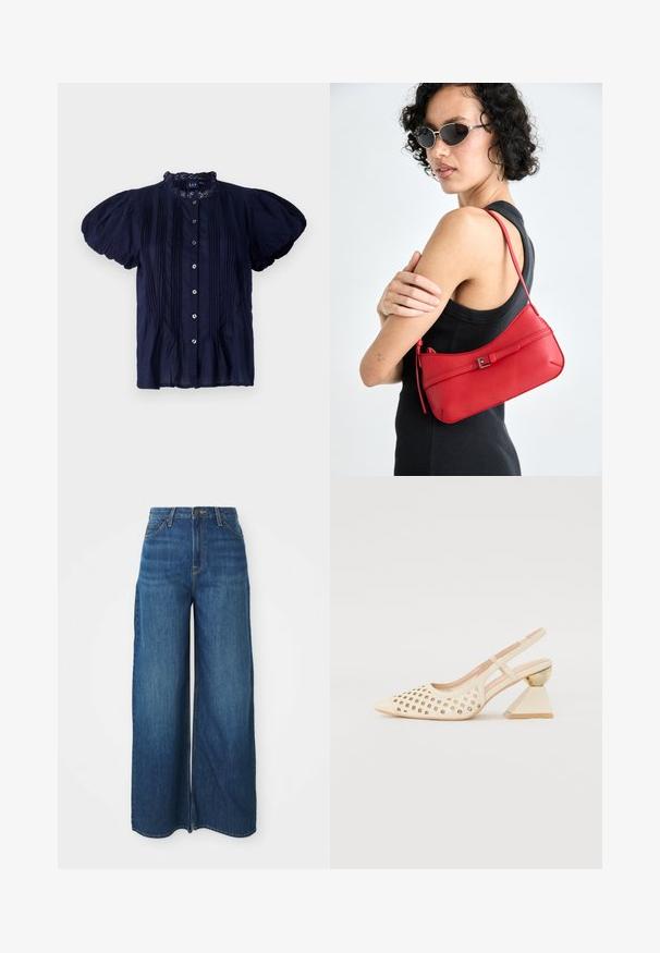 Blusa azul marinho de mangas curtas com um decote franzido, apresentando pregas verticais e botões prateados na frente. Tecido leve.; Jeans de denim azul de cintura alta e perna larga com bolsos frontais, passantes para cinto, fecho de botão e costura visível sobre um fundo branco.; Sapato slingback bege com parte superior perfurada, bico apontado e um salto triangular contrastante com um detalhe em dourado. Textura suave no geral.; Bolsa de ombro em couro vermelho com uma textura suave, design curvado e um acento decorativo com fivela. Alça ajustável e fecho com zip.