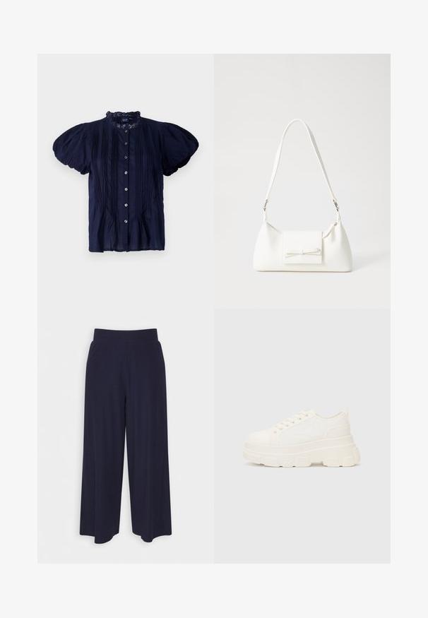 Navy blue short-sleeve blouse with a ruffled neckline, featuring vertical pleats and silver buttons down the front. Lightweight fabric.; Wide-leg trousers in dark navy fabric with a ribbed texture. Features a smooth waistband and a flowy silhouette, reaching mid-calf length.; White canvas sneaker with a chunky sole, rounded toe, and five eyelets for laces. Back tab for easy wear. Smooth texture, minimalist design.; White synthetic handbag with a triangular shape, flat front flap and bow detail, adjustable strap, smooth texture, and minimalistic design.
