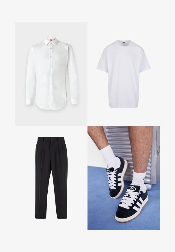 Baltas garais piedurs līkums krekls, kas izgatavots no kokvilnas. Iezīmē klasisko apkakli, priekšējos pogas un izliekto apakšmalu. Vienkāršs un bez greznuma dizains.; Balta kokvilnas T-kreklu ar īsām piedurknēm, apaļu kakla izgriezumu, brīvu piegriezumu un bez redzamām logo vai rakstiem. Gluda tekstūra un minimālistisks dizains.; Melni brīvie bikses ar krokotu priekšpusi, izgatavotas no gludas auduma. Iespējama poga aizdare un jostas cilpas; taisnu kāju forma.; Melni zamšaini sporta apavi ar baltiem šņorēm un trim baltām svītrām. Iekļauj arī apaļu melnu logotipu uz mēles un gumijas zoli.