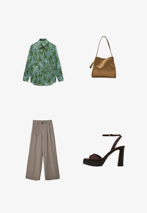 Vihreä pitkähihainen paita, jossa on sininen paisley-kuvio, valmistettu kevyestä kankaasta, klassisella kauluksella ja napitetulla edellä.; Suurille lahkeille housuille pehmeässä, hillityssä harmaassa kankaassa, jossa on vyötäröllä vyö ja lisää muotoilun yksityiskohtia kuploissa. Sileä rakenne, ei kuvioita.; Ruske kožne sandale s visokom potpeticom, otvorenim prstima, podesivim kopčanjem oko gležnja i prugastim platformskim đonom.; Ruskea mokkasuede-käsilaukku, jossa on sileä pinta, kaareva yläosa ja pitkä, litteä olkahihna. Toisella puolella on vetoketjun nyöri.
