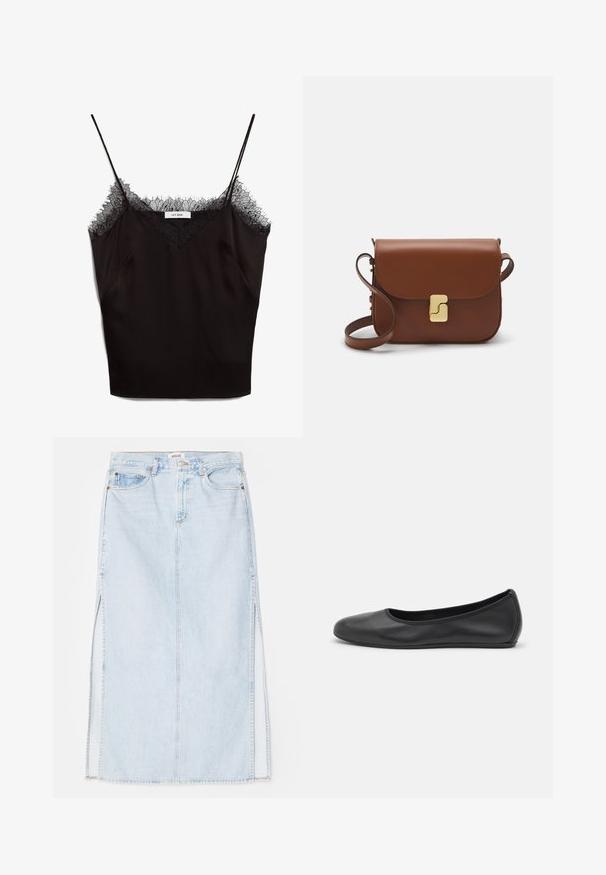 Černá saténová košilka s nastavovacími ramínky, která má krajkový lem v oblasti výstřihu. Design obsahuje výstřih do V a boční kapsy.; Světle modrá denimová maxi sukně se střihém do tvaru A, která má boční rozparky a design s pěti kapsami. Výrazné švy a kovové zapínání na knoflík.; Černé kožené baletní byty s kulatou špičkou, hladkou texturou, minimálními švy a flexibilním designem podrážky.; Hnědá kožená kabelka s klopou, zlatými kovovými detaily, ramenním popruhem a hladkým povrchem. Kompaktní obdélníkový tvar.