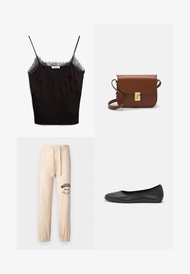 Černá saténová košilka s nastavovacími ramínky, která má krajkový lem v oblasti výstřihu. Design obsahuje výstřih do V a boční kapsy.; Beige tepláky s elastickými manžetami a pásem. Na levém stehně se nachází černý potisk s logem "MOSCHINO 86 ❤ 23 JEANS". Měkká textura.; Černé kožené baletní byty s kulatou špičkou, hladkou texturou, minimálními švy a flexibilním designem podrážky.; Hnědá kožená kabelka s klopou, zlatými kovovými detaily, ramenním popruhem a hladkým povrchem. Kompaktní obdélníkový tvar.