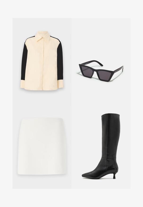sandro CHEMISE - Skjortebluser - ecru; Hvid, tætsiddende miniskørt med en glat tekstur og rene linjer. Ingen synlige mønstre eller hardware. Lige kant i bunden.; Zign Høje støvler/ Støvler - black; Sorte, kantede solbriller med grå linser; lavet af plast, med tykke stænger med en glat overflade og ingen synlig hardware.
