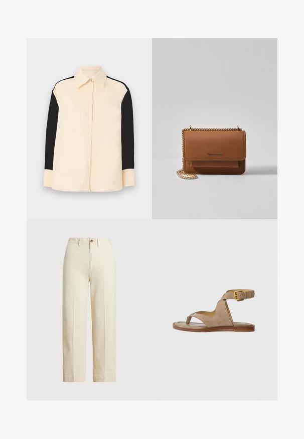 sandro CHEMISE - Skjortebluse - ecru; Beige bukser laget av bomull, med rett snitt, en enkelt knappåpning og synlige frontfold. Renslig søm og uten mønstre.; Beige semsket sandal med tåsløyfe, åpne sider og en bred ankelstropp med en gullspenne. Flat brun såle med en lett kant.; Brun teksturert lær crossover-veske med gullkjede-stropp og klaffelukking. Fronten har logo-detalj og en lomme under klaffen.