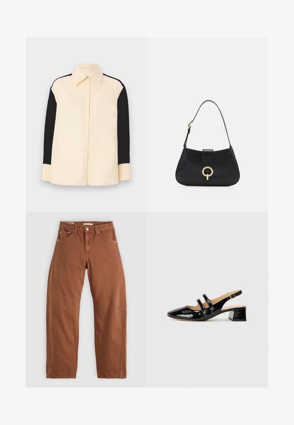 sandro CHEMISE - Užsagstoma palaidinė - ecru; Rudai rudi tiesūs džinsai su priekinėmis ir galinėmis kišenėmis, metaliniais kabliukais, mygtuko užsegimu ir diržo kilpomis, išdėstyti ant balto fono.; Juodas lakuotas odos slingback tipo batelis su smailiu pirštu, dviem dirželiais, auksiniais apskritimais ir žemu blokiniu kulnu.; Juoda odinė rankinė su kreiva siluetu, trumpa rankena, centriniu auksinės spalvos apdailos elementu ir lygiomis tekstūromis. Nėra matomų raštų ar akcentų.