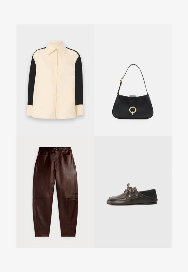 sandro CHEMISE - Button-down blouse - ecru; Polo Ralph Lauren CURVED TAPERED LEATHER PANT - Leather trousers - mahogany; Black leather boat shoe with brown stitching, lace-up design, and metal eyelets. Flat sole with a rounded toe and smooth finish.; Black leather handbag with a curved silhouette, short strap, central gold-tone hardware, and smooth texture. No visible patterns or accents.