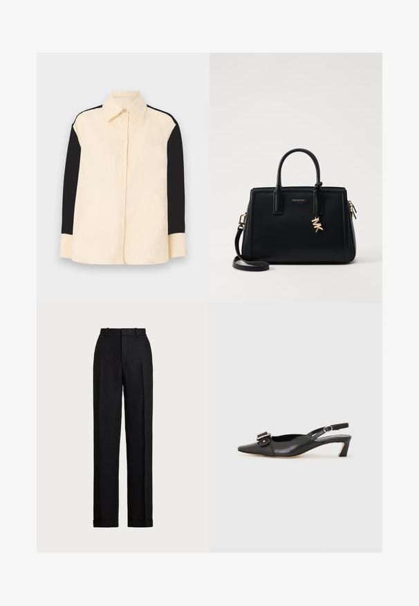 sandro CHEMISE - Button-down blouse - ecru; Black, high-waisted trousers made of linen. Features a straight leg, pressed creases, and cuffs at the hem. No visible pockets or fasteners.; Black leather slingback shoe with pointed toe, small heel, and decorative buckle detail on the upper. Smooth texture, minimalistic design.; Black leather handbag with structured design, dual top handles, detachable shoulder strap, gold hardware, and a logo charm accent.