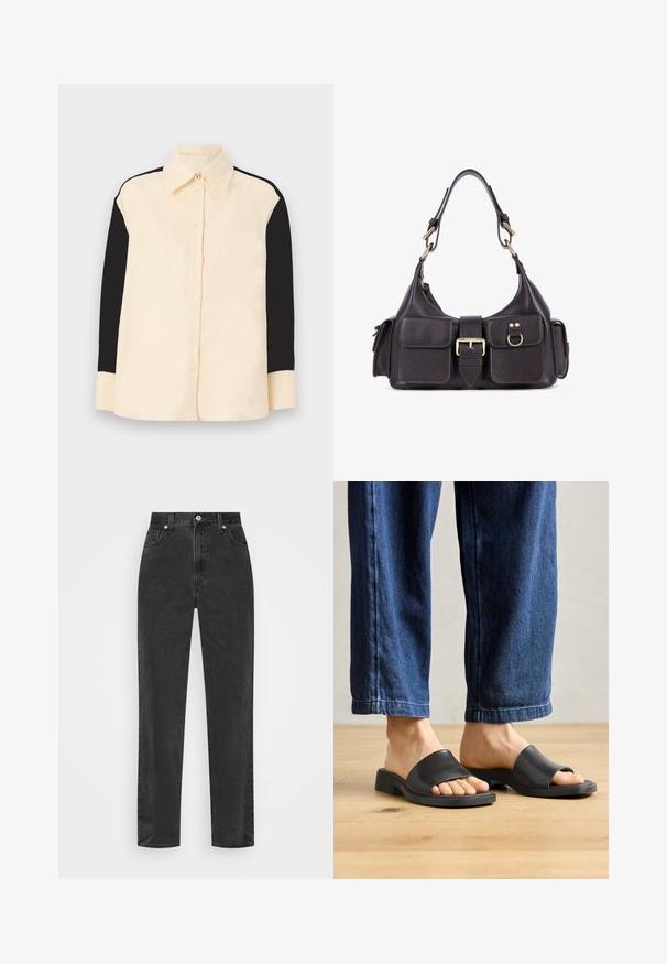 sandro CHEMISE - Overhemdblouse - ecru; Zwarte denim jeans met rechte pijpen en hoge taille, met een knoop en rits aan de voorkant en vijf zakken, op een witte achtergrond.; Zwarte instapsandalen van glad materiaal, met een open teen en een brede bovenband, geplaatst tegen donkere denimspijkerbroeken met een rechte pasvorm.; Donkere leren handtas met twee voorvakken, een centrale gesp en hardware in goudkleur. Gladde textuur met een gebogen silhouet.