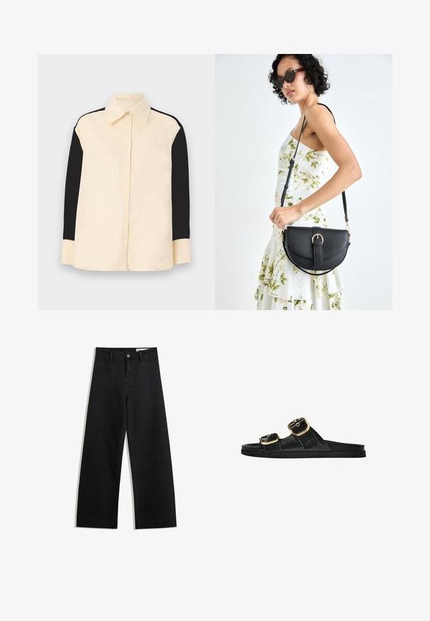 sandro CHEMISE - Camicia - ecru; Pantaloni in denim neri a gamba larga con vita alta, dotati di tasche anteriori e posteriori, cuciture a punto, e chiusura con bottone. Texture liscia.; Infradito neri con due accenti di fibbia dorata, materiale dalla texture liscia, suola piatta e design minimalista.; Borsa a tracolla nera in pelle con una forma curva, manico rimovibile e accessori dorati. La borsa presenta una patta con un dettaglio a fibbia.