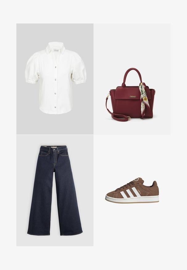 White short-sleeved blouse with puffed sleeves, button-up front, and a collared neckline. Made of a soft fabric with a smooth texture.; Wide-leg denim jeans in dark blue with contrast stitching. Features traditional five-pocket design and a button closure at the waist.; Brown suede sneakers with white leather stripes, rubber sole, rounded toe, and lace-up front. Features a logo on the tongue and perforated accents.; Burgundy handbag made of synthetic material with a structured design, featuring a detachable strap and a floral-patterned scarf tied to the handle.