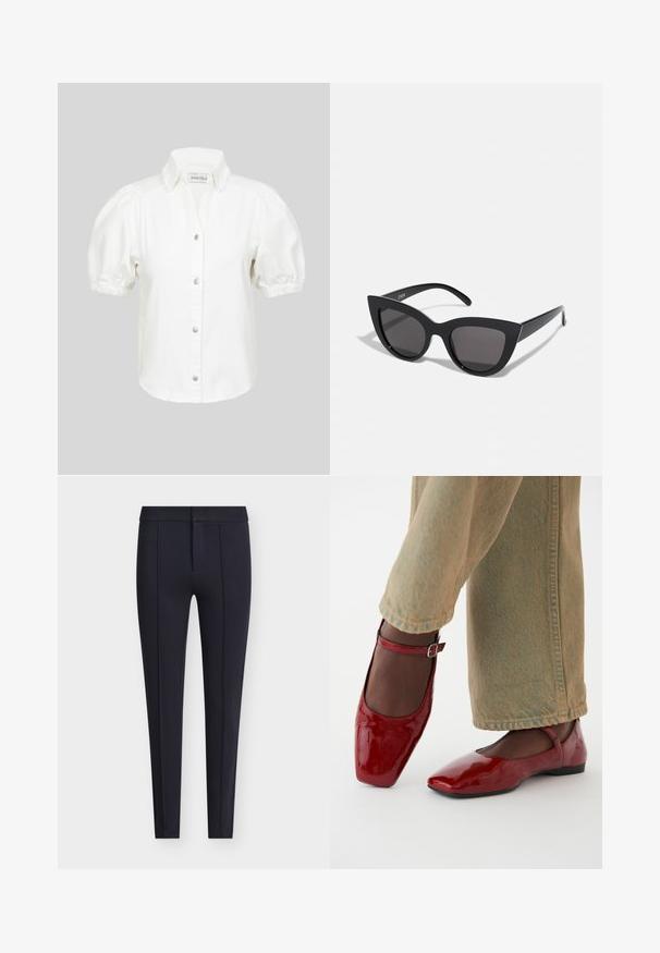 Bela kratka bluzica s pufastimi rokavi, zapenjanjem spredaj in ovratnikom. Izdelana iz mehke tkanine z gladko teksturo.; Temno modre, po meri krojene hlače iz gladke tkanine, z oprijeto silhueto, sprednjimi gubami ter skritim zadrgo in zapenjanjem na gumb.; Rdeče lakirane usnjene čevlje s kvadratnim nosom, nizko peto in gležnjarjem, v kombinaciji s svetlo zelenimi širokimi hlačami. Gladka tekstura, odsevna površina.; Črne mačke-oko sončna očala z mat zaključkom, ki imajo sive tonirane leče, ostre kote in eleganten stranski del. Ime blagovne znamke je vidno na notranjem ročaju.