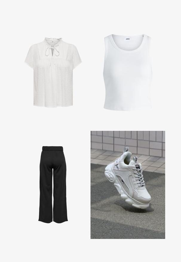 Blusa bianca con maniche corte, scollatura arricciata, apertura a forma di chiave davanti con dettaglio a fiocco, tessuto strutturato con pois in rilievo.; Canottiera bianca a coste con scollatura rotonda, senza maniche e lunghezza cropped. Etichetta con la scritta "JJXX". Tessuto di texture liscia.; Pantaloni neri a gamba larga con cintura elastica, realizzati in tessuto liscio. Presentano un design pulito senza tasche o dettagli di cucitura visibili.; Sneaker bianco realizzato in materiali mesh e pelle, con punta arrotondata, suola spessa, lacci prominenti e marchio sul tallone e sulla linguetta.