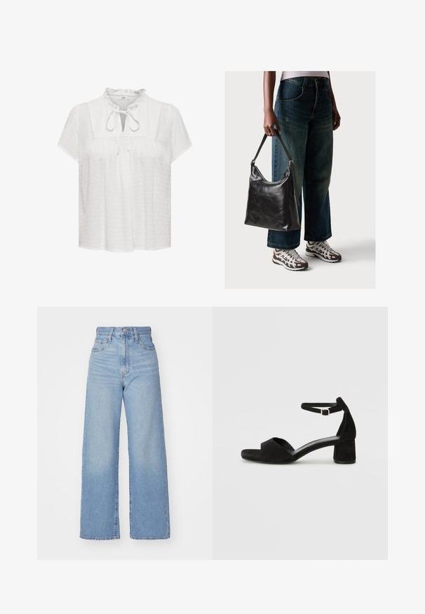 Blusa bianca con maniche corte, scollatura arricciata, apertura a forma di chiave davanti con dettaglio a fiocco, tessuto strutturato con pois in rilievo.; Jeans a vita alta blu chiaro con gamba larga, chiusura frontale con bottone e zip, tasche anteriori e posteriori, su uno sfondo bianco.; Sandali con tacco in suede nero, con una sottile fascia alla caviglia, design open toe e un discreto tacco a blocco. Texture liscia e decorazioni minime.; Borsa a tracolla nera in pelle con una texture liscia e tracolla regolabile, abbinata a jeans ampi sbiaditi e sneakers sportive.