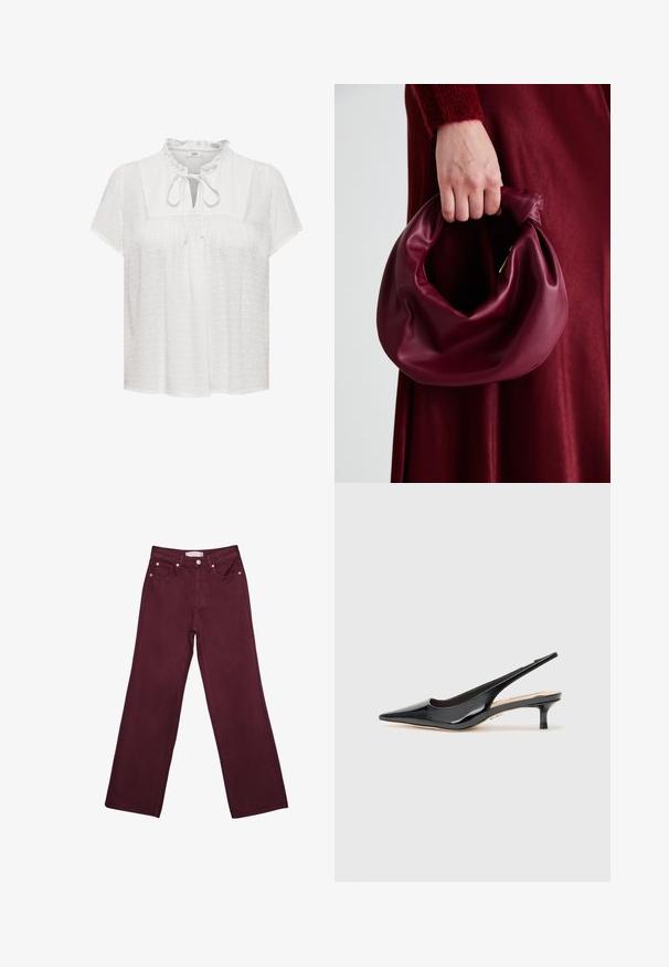 Blusa bianca con maniche corte, scollatura arricciata, apertura a forma di chiave davanti con dettaglio a fiocco, tessuto strutturato con pois in rilievo.; Jeans bordeaux a vita alta con design a gamba dritta, dotati di tasche frontali, chiusura con bottone e rifiniture in tono rame.; Tacco slingback in vernice nera con punta appuntita e tacco sottile di altezza media. Texture liscia con elementi di design minimalisti.; Borsa in pelle bordeaux con un design morbido e arricciato e una forma arrotondata. Il manico è fissato, mostrando una texture liscia.