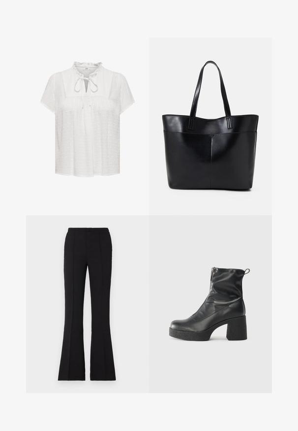 White blouse with short sleeves, ruffled neckline, keyhole front with tie detail, textured fabric featuring raised polka dots.; Black flared pants made of smooth fabric, featuring a fitted waist, front seam details, and a slight flare starting from the knee.; Black ankle boots made of smooth leather, featuring a side zipper, chunky textured heel, and rounded toe design.; Black leather tote bag with two long handles, a smooth texture, and a structured shape. Features a front pocket for additional storage.