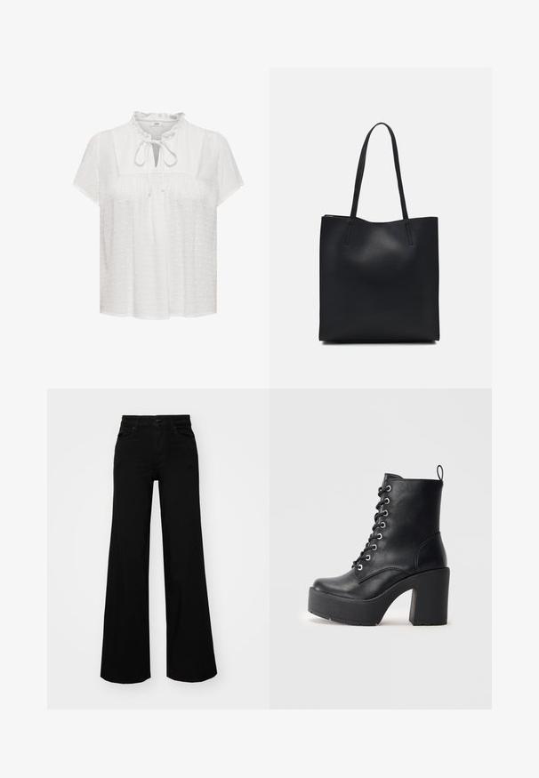 Blouse blanche à manches courtes, encolure à volants, devant avec ouverture en forme de clé et détail de nœud, tissu texturé avec des pois en relief.; Pantalons large en denim noir, dotés d'une taille structurée, de passants de ceinture et de poches avant. Texture lisse avec un design classique.; Bottines en cuir noir avec un talon épais, des lacets à l'avant et une surface texturée. Elles disposent d'une languette à l'arrière pour un enfilage facile.; Sac fourre-tout en cuir noir avec une texture lisse, de forme rectangulaire et deux longues poignées. Pas de matériel ou d'ornementations visibles.