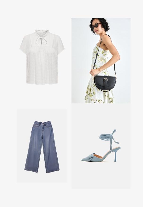 White blouse with short sleeves, ruffled neckline, keyhole front with tie detail, textured fabric featuring raised polka dots.; Wide-leg denim jeans in a light blue wash, featuring a high waist, front pockets, and a button closure with belt loops.; Pointed-toe high heel shoe in light blue fabric with a textured finish, featuring a bow accent and ankle strap for secure fit.; Black leather handbag with a curved shape, detachable strap, and gold hardware. The bag features a flap with a buckle detail.