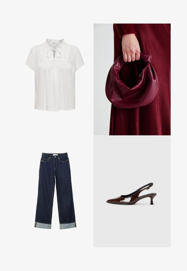 Biely top s krátkymi rukávmi, nariasený dekolt, predná časť s kľúčovou dierkou a viazaním, textúrovaná tkanina s vystúpenými bodkami.; Tmavo modré široké nohavice s vysokým pásom, s manžetami, kontrastným šitím a dizajnom s piatimi vreckami. Vyrobené z denimu.; Hnedá lakovaná slingback obuv s špicatou špičkou a mierne vysokým opätkom. Obsahuje pracku pre bezpečné upevnenie. Hladká textúra.; Burgundská kožená kabelka s mäkkým, zhromaždeným dizajnom a zaobleným tvarom. Rukoväť je pevne zaisťujúca a vystavuje hladkú textúru.