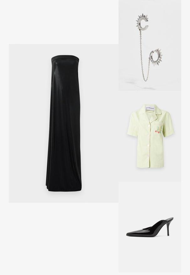 Koszula z krótkim rękawem w jasnym zielonym kolorze z różowym lamowaniem, z kieszonką na przodzie ozdobioną kolorowym haftem kwiatowym i pięcioma guzikami.; Czarna maksidługa sukienka bez ramiączek wykonana z gładkiego, błyszczącego materiału. Posiada dopasowany górny fason i swobodny krój, sięgający ziemi bez ozdób.; Czarne lakierowane mule na wysokim obcasie z wąskim noskiem i elegancką sylwetką, charakteryzujące się otwartym tyłem i smukłym szpilką.; Czarna skórzana torebka w zakrzywionym kształcie, z srebrnymi ćwiekami, klamrą i dwoma bocznymi kieszeniami. Regulowany pasek umożliwiający różne opcje noszenia.; Srebrne kolczyki o spiczastym wzorze; jeden kolczyk ma kształt litery C, połączony łańcuszkiem z okrągłym kółkiem z kolcami.