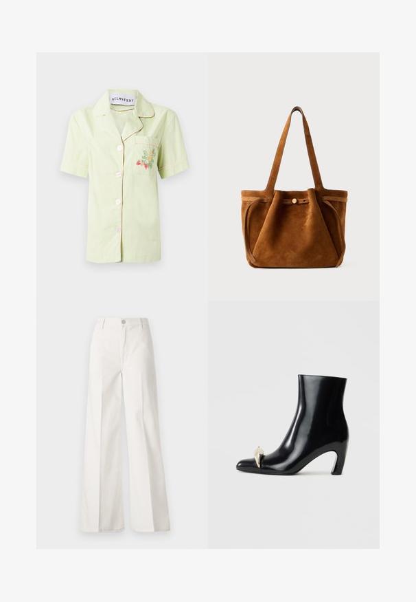 Srajca kratkih rokavov svetlo zelene barve iz bombaža s pink obrobo, ki ima sprednji žep okrašen z barvitim cvetličnim vezenjem in petimi gumbi.; Bele široke hlače iz bombaža z gladko teksturo. Imajo gumb spredaj, zadrgo in zasnovo z štirimi žepi.; Črne gležnjarje iz sijajnega usnja, s koničastim nosom in dekorativnim zlatim ter srebrnim detajlom spredaj. Oblika bloka pete.; Rjava nubuk torba za ramena z dvema ročajema, z loputo na gumb in sproščenim, rahlo ohlapnim oblikovanjem.