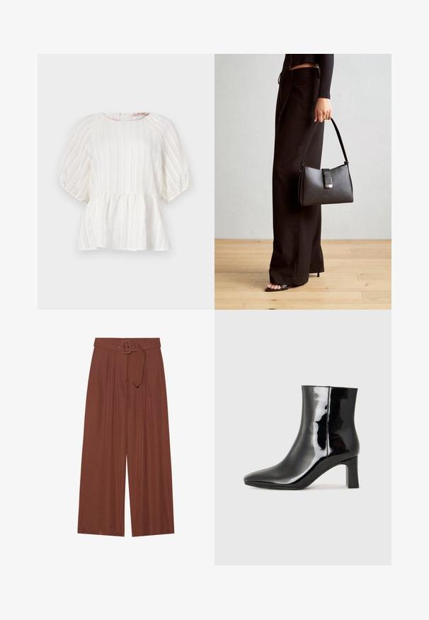 Biela blúzka s vertikálnymi pruhmi, krátkymi nariasenými rukávmi, okrúhlym výstrihom a nariaseným peplum spodkom. Vyrobená z ľahkej, textúrovanej látky.; Hnedé široké nohavice vyrobené z látky, s opaskom so štvorcovou prackou, s nariaseným dizajnom a hladkou textúrou.; Čierne lakované členkové topánky s špicatou špičkou a stredne vysokým blokovým podpätkom. Hladká textúra a minimalistický dizajn.; Čierna kabelka so štruktúrovaným tvarom, hladkou textúrou a kovovou sponou. V kombinácii so širokými čiernymi nohavicami a sandálmi s otvorenou špičkou na drevenej podlahe.