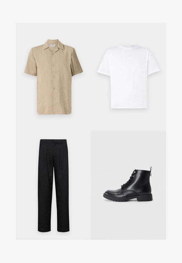 Beige kortemouwen overhemd van lichtgewicht stof met een knoopsluiting aan de voorkant, een klassieke kraag en een licht gestructureerde oppervlakte.; Witte katoenen T-shirt met ronde hals en korte mouwen. Gladde textuur, rechte snit, geen patronen of accenten. Alleen achteraanzicht.; Zwarte broeken van gladde stof, met een recht model, twee voorknikken en een standaard tailleband met riemlussen.; Zwarte leren enkelboots met een ronde neus, veters aan de voorkant en gestikte details. Voorzien van een lus aan de achterkant en een gestructureerde rubberen zool.