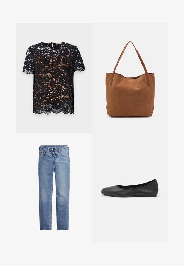 Sort blonderetop med blomsterformede mønstre og korte ærmer. Glat tekstur med bølget kant og nøglehulslukning bagpå.; Lyseblå denimjeans med lige pasform, fem-lomme-design og knaplukning. Har subtile falmede detaljer og orange søm.; Sort læderballetsko med rund tå, glat tekstur, minimal syning og et fleksibelt såldesign.; Brun ruskinds tote bag med to lange håndtag, der har en glat tekstur, enkelt design og ingen synlige metaldele eller accenter.