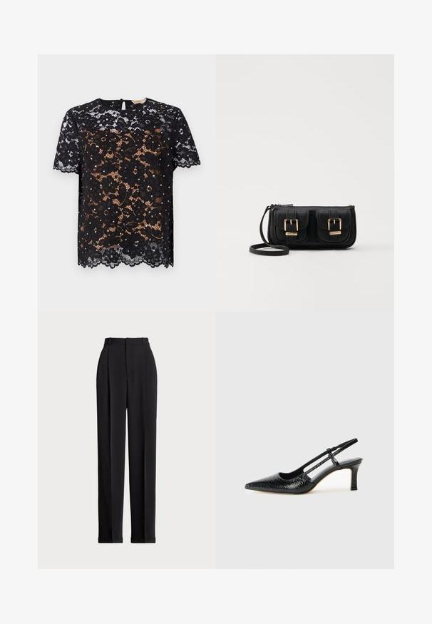 Black lace top featuring floral patterns and short sleeves. Smooth texture with a scalloped hem and keyhole button closure at the back.; Black tailored trousers with a high waist, featuring pleats at the front, a straight leg design, and a cuffed hem. Made from smooth fabric.; Black patent slingback heel with a pointed toe, featuring textured snake print, adjustable strap, and a short, textured block heel.; Black leather crossbody bag with two front pockets, gold buckles, zipper closure, and a slim strap. Textured surface and compact rectangular shape.