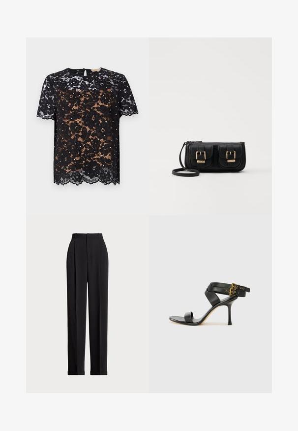 Czarny top z koronką z kwiatowymi wzorami i krótkimi rękawami. Gładka tekstura z falbaniastym wykończeniem i zapięciem na guzik w kształcie łezki z tyłu.; Czarne dopasowane spodnie z wysokim stanem, z kantami z przodu, prostą nogawką i mankietem na dole. Wykonane z gładkiego materiału.; Czarne sandały na obcasie z krzyżującymi się paskami i regulowanym zapięciem. Charakteryzują się gładką teksturą i zwężanym obcasem w kształcie szpilki.; Czarna skórzana torba na ramię z dwoma przednimi kieszeniami, złotymi klamrami, zamkiem błyskawicznym i cienkim paskiem. Teksturowana powierzchnia i kompaktowy prostokątny kształt.