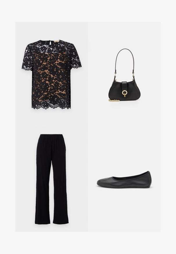 Black lace top featuring floral patterns and short sleeves. Smooth texture with a scalloped hem and keyhole button closure at the back.; Black, lightweight, elastic waist pants with a straight leg design. Soft texture with no visible patterns or accents. Simple and versatile style.; Black leather ballet flat with a rounded toe, smooth texture, minimal stitching detail, and a flexible sole design.; sandro JANET - Handbag - noir