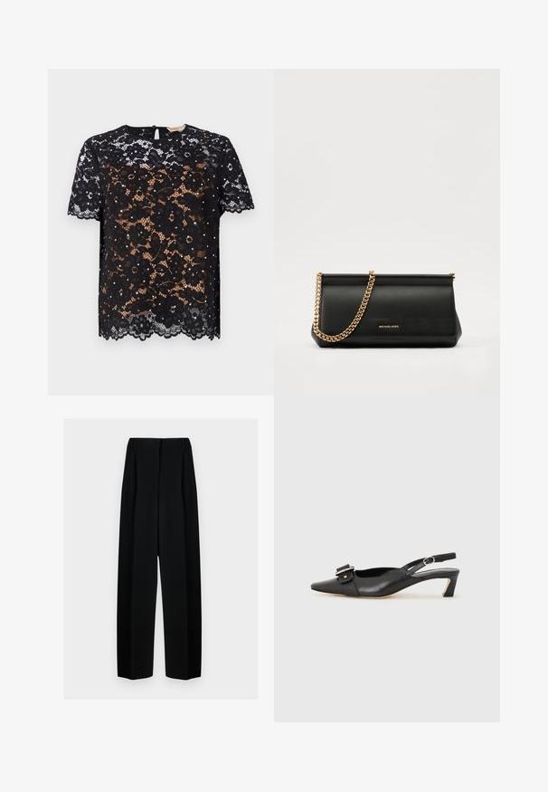 Musta pitsitoppi, jossa on kukkakuviot ja lyhyet hihat. Sujuva pinta, jossa on aaltoileva helma ja avainaukolla varustettu nappisulku selkäpuolella.; Mustat leveät housut korkealla vyötäröllä, joissa on laskokset ja sileä pinta. Kangas näyttää kevyeltä ja laskeutuu kauniisti.; Musta nahkainen slingback-kengät terävällä kärjellä, pienellä korolla ja koristeellisella solkikuvioinnilla yläosassa. Sujuva pinta, minimalistinen muotoilu.; Musta nahkainen clutch-laukku, jossa on kultaketju, sileä pinta, suorakulmainen muoto ja kohokuvioitu brändimerkintä edessä.