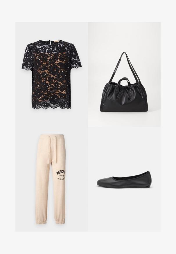 Mustmust kõrgusega must pitsülik, millel on lillemustrid ja lühikesed varrukad. Sile tekstuur, laineline serv ja nööbiga avaus taga.; Beežid dressipüksid elastsete lõppude ja vöökohaga. Vasakul reiel on must trükitud logo "MOSCHINO 86 ❤ 23 JEANS". Pehme tekstuur.; Musthave mustika tantsutossud mustast nahast, ümmarguse varbaga, siledast tekstuurist, minimaalse õmblusdetailiga ja paindliku tallakujundusega.; Must mustrõng mustmustkott, millel on kogutud ülemine osa, küljestringiga sulgemine, kaks käepidet ja pikad õlapaelad. Sile tekstuur ja minimalistlik disain.