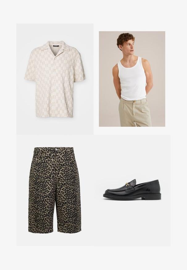 Kurzärmliges, beigefarbenes, karriertes Hemd aus strukturiertem Stoff, mit einer Knopfleiste und klassischem Kragen.; Weißes Baumwoll-Top mit rundem Ausschnitt und breiten Trägern, kombiniert mit hellbeigen Hosen mit einem Knopf und Falten.; Leopardenmuster-Jeansshorts in erdigen Tönen, mit Knopfverschluss, fünf Taschen und entspannter Passform.; Schwarze Lederleter mit einer abgerundeten Zehenpartie, ausgestattet mit goldenen Hardwareakzenten und Stichdetails, auf einer niedrigen, strukturierten Gummisohle.