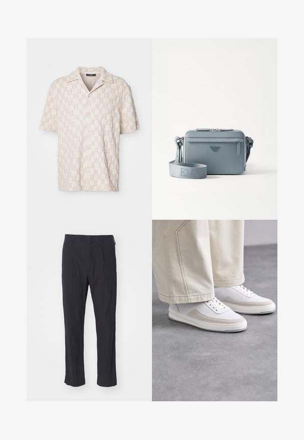 Lyhythihainen beigekirjavirtasyötti, joka on valmistettu teksturoidusta kankaasta, ja siinä on napitettava etuosa sekä klassinen kaulus.; Mustat laskostetut housut, joissa on teksturoitu kangas, suoran lahkeen muotoilu ja tavanomainen vyötärö. Ei näkyviä taskuja tai metalliosia.; Valkoiset lenkkarit, joissa on sileä nahka-ainesosa, vaaleat mokka-yksityiskohdat, tasaiset nauhat ja teksturoitu kumipohja, yhdistettynä vaaleisiin leveisiin housuihin.; Sininen jäsentynyt olkalaukku, joka on valmistettu teksturoidusta materiaalista. Laukussa on vetoketjukiinnitys, etutasku ja säädettävä olkahihna, jossa on "EMPOR"-brändäys.