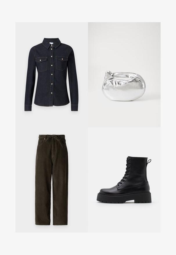 Tume teksasest pikkade varrukatega särk krae, kahe rinnatasku ja nupuga kinnitusega, kontrastsete õmblustega ja tavalise lõikega.; Tumed roheline kordiroo püksid laia säärega, nööriga vöökoht, kahe esipocketiga ja pehme, tekstuurse kangaga.; Mustad mustad nahast pahkluu saapad ümarate varvastega, nööridega esiosas ja paksu kummist talla ning tekstuuritud mustriga. Tagumine tõmbeaas.; Hõbedane metallikoti kott pehme, ümar kuju ja sõlme ülemise sulgemisega. Valmistatud siledast kunstnahast materjalist.; Hõbedased rõngastikkaehingad minimalistlikus disainis. Ümar kuju, sile tekstuur ja õhuke profiil. Kerged ning poleeritud viimistlusega.