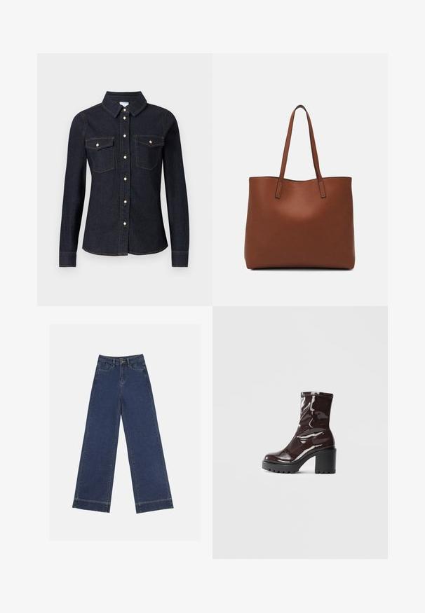 Tmavě modrá džínová košile s dlouhým rukávem, límečkem, dvěma kapsami na prsou a zapínáním na knoflíky, s kontrastním šitím a standardním střihem.; Džíny s širokými nohavicemi v tmavě modrém denimovém provedení. Disponují pěti kapsami, poutky na opasek a surovým lemem na spodní straně s viditelnými detailem šití.; Lesklá bordó kotníková bota s masivním černým podpatkem, se hladkým povrchem a jednoduchým designem. Žádné viditelné zapínání ani vzory.; Hnědá kožená taška přes rameno s hladkou texturou, otevřeným designem a dvěma ramenními popruhy. Obsahuje minimální švy a žádné viditelné kovové prvky.