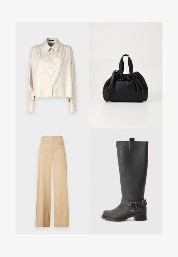 DRYKORN FLANNA - Cămașă - light brown; Pantaloni bej cu croi larg, dintr-un amestec de bumbac. Au o textură netedă, talie elastică și un detaliu cu buton lateral.; Cizmă înaltă din piele neagră, cu un finisaj texturat, având un accent cu cataramă pe lateral și un toc mic. Cusături detaliate de-a lungul cusăturilor.; Geantă de mână din piele neagră cu un design cu partea superioară plisată, având două mânere scurte și o curea lungă ajustabilă. Textură netedă, formă rotunjită.