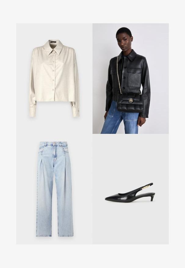 DRYKORN FLANNA - Blus - light brown; Ljust blå denimjeans med hög midja, vida ben, två sidofickor och veckad design. Mjuk textur med en blekt finish.; Svart läder slingback-hälar med spetsig tå, med en smal klack och en guldtonad detalj på den justerbara remmen. Slät textur.; Svart läderjacka med knappstängning och två framfickor, i kombination med en svart vadderad handväska med ett guldspänne och kedjerem.