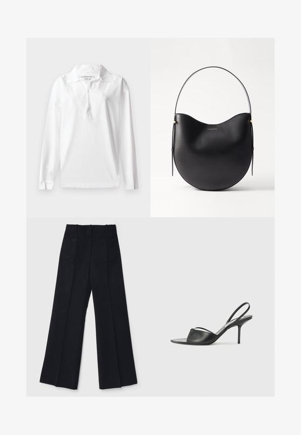 Balta ilgomis rankovėmis polo marškinėliai, pagaminti iš medvilnės. Savybės: platus apykaklė ir pusiau užtraukiamas užtrauktukas. Lygus paviršius su laisvu kirpimu.; Juodi plačių kojų kelnes, pagamintas iš lygios medžiagos, su aukštu liemeniu, dviem užpakalinėmis kišenėmis ir subtiliomis priekinėmis raukšlėmis, suteikiančiomis papildomą formą.; Juodos odinės slingback aukštakulnės bateliai su smailiu priekiniu galu, plona kulkšnies juostele ir stiletto kulnu. Papuošti mazginio detalė vampyro dalyje.; Juodas odinis peties krepšys su kreiviu kontūru, plona rankena ir subtiliais auksiniais akcentais. Lygaus paviršiaus su minimalistiniu dizainu.