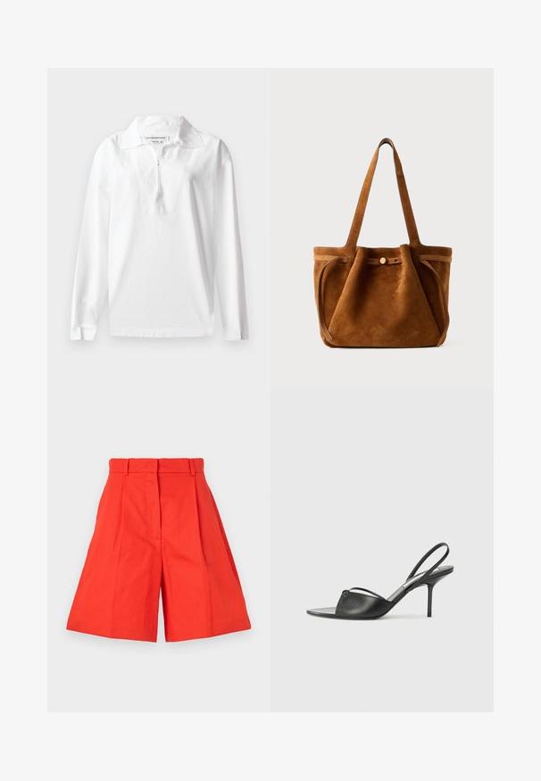 Balts garām piedurknēm polo krekls izgatavots no kokvilnas. Piemīt plaša apkakle un pus-uzvilkšanas aizdare. Gluda tekstūra ar brīvu piegriezumu.; Sarkani kokvilnas šorti ar augstu vidukli, ar krokām un plašu siluetu. Gluda tekstūra un tīras līnijas. Bez kabatām vai rotājumiem.; Melnas ādas siksniņu augstpapēžu kurpes ar norādītu purngalu, plānu potītes siksniņu un stiletto papēdi. Arī ar sasietu detaļu uz vamp.; Brūns zamšs tote soma ar divām roktēm, pogu aizdari un brīvu, nedaudz izplūdušu formu.