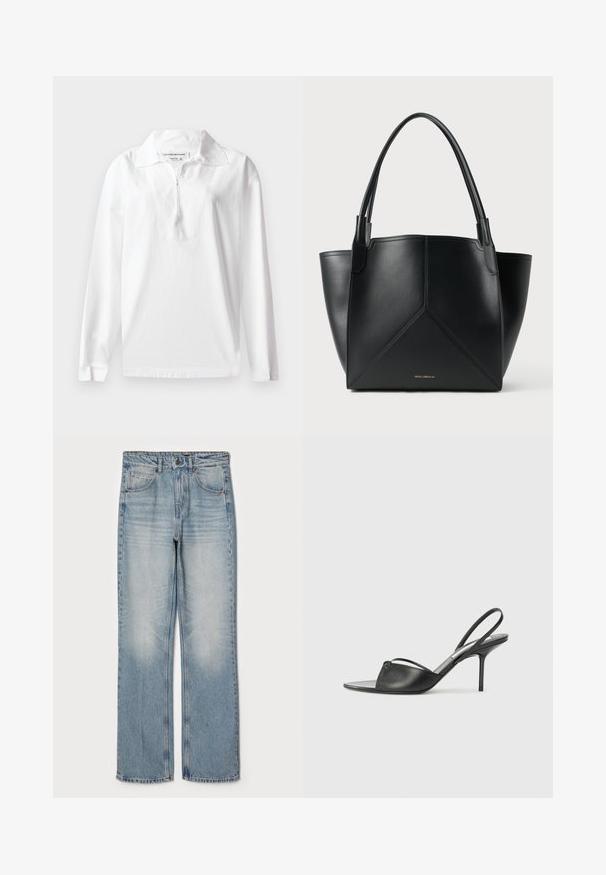White long-sleeve polo shirt made of cotton. Features a wide collar and a half-zip placket. Smooth texture with a relaxed fit.; Light blue denim jeans with a straight fit, featuring a high waist, five-pocket design, and subtle fading on the thighs and knees.; Black leather slingback heels with a pointed toe, thin ankle strap, and stiletto heel. Features a knotted detail on the vamp.; Black leather tote bag with a geometric design, featuring two handles and gold branding on the front. Smooth texture and structured shape.