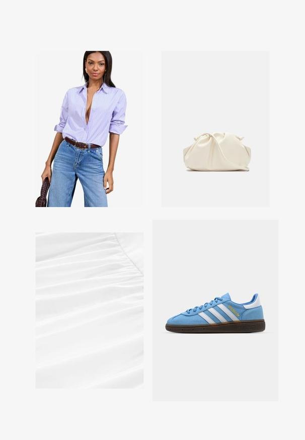 Lavendel- und weiß gestreiftes Button-up-Hemd mit hochgekrempelten Ärmeln, getragen zu hochtaillierten blauen Jeans und einem braunen Gürtel.; Weißer Stoff mit sanften Drapierungen und plissierter Textur, der ein glattes, leichtes Material in einer klaren, sauberen Präsentation bietet.; Helles blaues Wildleder-Sneaker mit weißen Lederstreifen, einer braunen strukturierten Sohle und goldenen Logodetails. Niedrig geschnittenes Design mit runder Zehenpartie.; Cremfarbener, weicher Kunstlederbeutel mit gerafftem Design, verstellbarem Schultergurt und subtiler Kordelzug-Verschluss. Glatte Textur und runde Form.