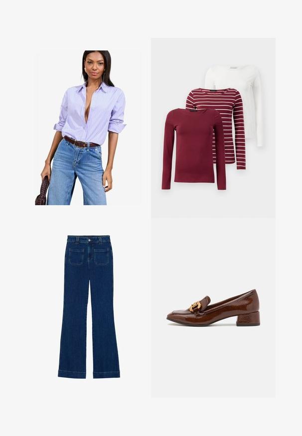 Lavandas un baltas svītraina krekls ar uzrullētām piedurknēm, valkāts ar augstām zila denima džinsām un brūnu jostu.; Trīs garās piedurknes T-kreklus: viens vienkrāsains burgundijas, viens burgundijas ar baltām svītrām un viens vienkrāsains balts. Visi ir izgatavoti no mīkstas, elastīgas auduma.; Tumši zili džinsi ar izplestām kājām, gluda tekstūra, piecu kabatu dizains un pogu aizdare jostas vietā.; Brūni ādas mokasīni ar spīdīgu apdari, ar dekoratīvu zelta sprādzi priekšpusē un zemu blokveida papēdi. Klasisks dizains.