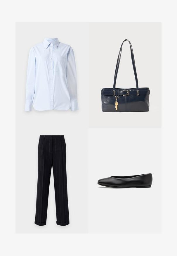 Light blue button-up shirt made of cotton, featuring a pointed collar, long sleeves, a chest pocket, and a straight hemline.; Black pinstriped trousers with a tailored fit, featuring a cuffed hem and front pleats. Made of smooth fabric with a structured design.; Paul Smith TOPANGA - Ballet pumps - black; Navy leather handbag with two long handles, a buckle detail, and a keychain attached. Features a smooth texture and a rectangular shape.