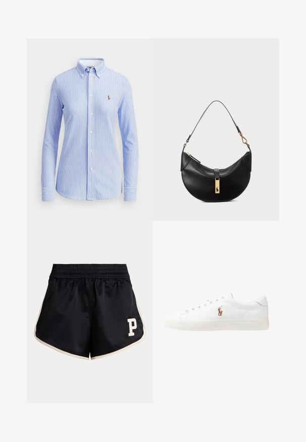 Šviesiai mėlyna ir balta dryžuota marškinė su apykakle, ilgomis rankovėmis ir mažuoju siuvinėtu logotipu kairėje krūtinės pusėje.; Juodos sportinės šortai su smulkiu juosmeniu, šviesiai rudos spalvos šoninėmis juostelėmis ir kreminės spalvos raide "P" kairėje šlaunyje.; Baltos odinės sportbačiai, žemo profilio, su lygia tekstūra, apvalia nosimi, raištelių sistema priekyje ir mažyte siuvinėta logo šone.; Juodos odos rankinė pusmėnulio forma. Papuošta auksinėmis detalėmis ir siaura juosta. Lygi tekstūra, užtrauktuko uždarymas viršuje.